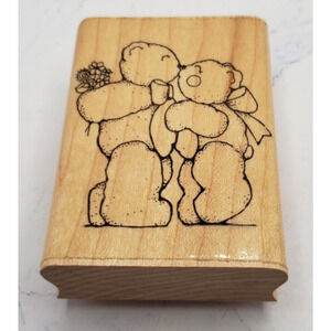 Kissing Wedding Bears Dots Wood Mounted Rubber Stamp